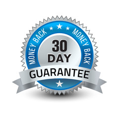 Steel blue 30 day money back guarantee badge with ribbon isolated on white background.