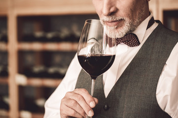 Sommelier Concept. Senior man standing holding glass smelling wine close-up concentrated - obrazy, fototapety, plakaty