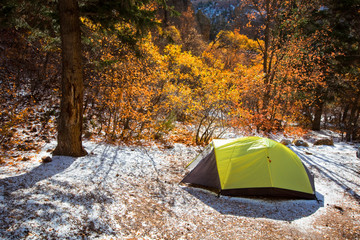 Snow mingles with fall colors at a campsite in Maple Canyon, a climbing area in Northern Utah.