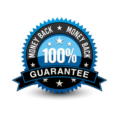 Strong blue colored 100% money back guarantee badge with sleek ribbon isolated on white background.