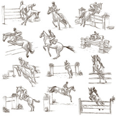 Horses - show jumping. Collection, pack of freehand sketches. Line art. © kuco