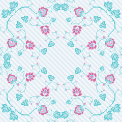 Tradition mughal motif, fantasy flowers in retro, vintage style. Seamless pattern, background. Vector illustration. On blue stripes background..
