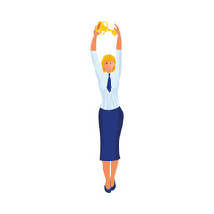 Woman in business clothing holding golden victory cup vector illustration