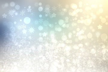 Abstract blurred festive winter christmas background with shiny blue and yellow white bokeh lighted snow landscape with stars and blue sky.