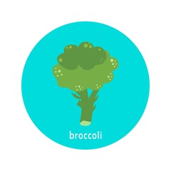Vector broccoli icon isolated on white background.  Flat blue circle icon with vegetable. Healthy food. 