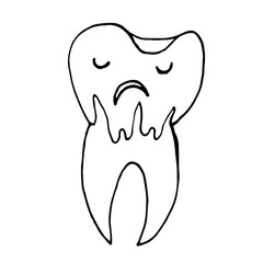 Cute happy cartoon tooth being cleaned with brush, and water set. Hand drawn line art cartoon vector illustration.