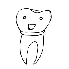 Cute happy cartoon tooth being cleaned with brush, and water set. Hand drawn line art cartoon vector illustration.
