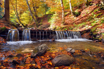 Beautiful landscape with a waterfall in the autumn forest. Autumn sunny day
