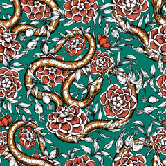 Roses and snake. Seamless pattern, background. Graphic drawing, engraving style. Vector illustration. In art nouveau style, vintage, old, retro style