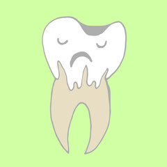 Cute happy cartoon tooth being cleaned with brush, and water set. Hand drawn line art cartoon vector illustration.