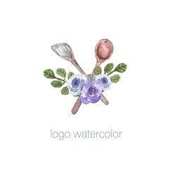Logo for cake shop and bakery, organic eat, eco shop, for cook. kitchen whisk with floral elements leaves  and flowers roses and cooks. Watercolor illustration.