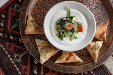 Turkish Yoghurt and Spinach Dip. Middle Eastern Appetizer, Meze