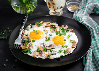 Fried egg, mushrooms and spinach. Keto, paleo breakfast.