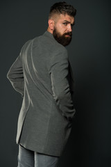 Bearded man with moustache and beard unshaven face. Hipster wearing casual outfit. Clothes shop. Menswear trend. Menswear. Hipster wear comfy outfit. Caucasian man demonstrate fashionable menswear