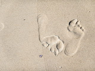Footprints in sand. Close up.