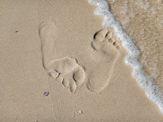 Footprints in sand. Close up.