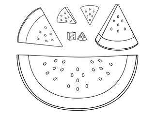 Watermelon. A variety of slices of watermelon. Set of slices of watermelon of different sizes, peeled and not peeled - linear vector illustration for coloring. Outline. hand drawing.