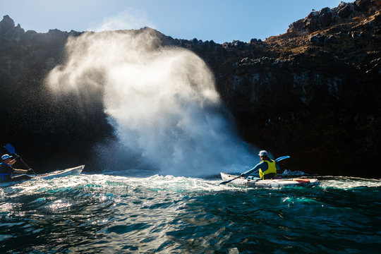 Open top kayaking to a "blowhole" near Scorpion Bay, Channel Islands National Park.  At low tide the swells fill partially submerged chambers and blast the water back out.