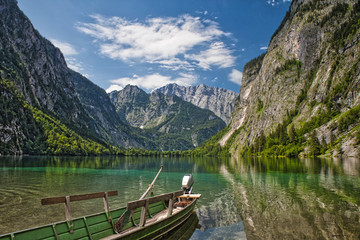 lake Obersee with boat view on alps