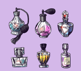 Fragrance bottles vector illustration. Hand drawn sketch style image - 304173518