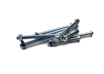 Nuts and bolts close up on white isolated background