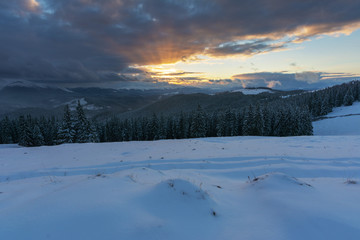 A bright winter in the Ukrainian Carpathian Mountains with snow-capped mountain peaks and picturesque meadows with mountain lodges and hikers.