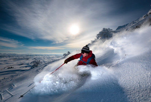 A male skier makes some powdery turns on a wintry day at Steptoe Butte on the Palouse in eastern Washington.