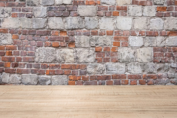 Abstract background of wooden plank and brick-stone wall