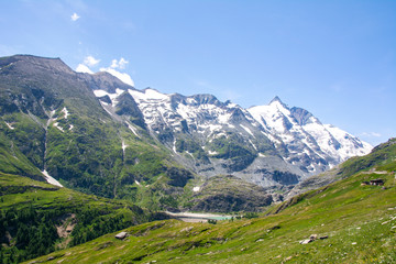 View to snow covered mountains and  Pasterze Glacier from Grossglockner High Alpine Road, Austria