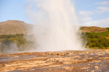 Geysir destrict in the south of Iceland.The Strokkur Geyser erupting at the Haukadalur geothermal area, part of the golden circle, Iceland, Europe