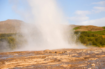 Geysir destrict in the south of Iceland.The Strokkur Geyser erupting at the Haukadalur geothermal area, part of the golden circle, Iceland, Europe