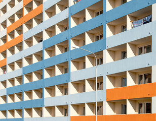 Bright, interesting facade of a residential building in Belarus. Industrial skyline. Windows Pattern. Industrial background.