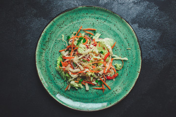 vegetable salad (Chinese cabbage, carrot, onion, lettuce, mix salad) menu concept. food background. top view. copy space