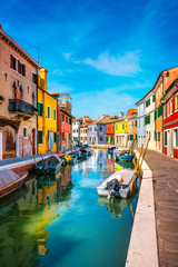 Plakat Venice landmark, Burano island canal, colorful houses and boats, Italy