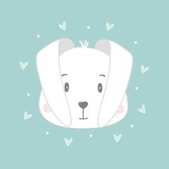 Cute cartoon white bunny with hearts. Happy Easter bunny. T-shirt design for kids. Vector illustration.