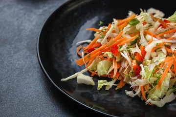 vegetable salad (Chinese cabbage, carrot, onion, lettuce, mix salad) menu concept. food background. top view. copy space
