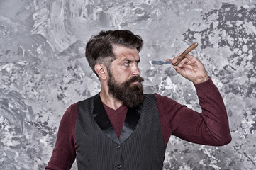 Experienced barber. Old school and vintage. Facial hair care. Hiring barber. Barber equipment. Barber salon. Man bearded hipster with long beard and mustache. Well groomed hipster. Barbershop concept