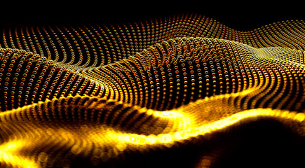 .Luxury abstract gold background. 3d illustration.Wavy mesh or net with gold metal spheres,