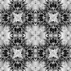 Abstract textured silver 3d vector seamless pattern. Geometric surface black and white grunge background. Silk repeat symmetrical backdrop. Decorative ornate grungy design with stripes, shapes, lines