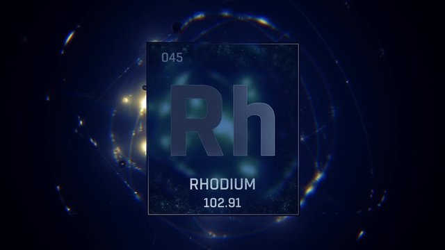 Rhodium as Element 45 of the Periodic Table. Seamlessly looping 3D animation on blue illuminated atom design background with orbiting electrons. Design shows name, atomic weight and element number
