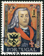 MOSCOW, RUSSIA - MAY 25, 2019: A stamp printed in Portugal shows King Jose I (1714-1777), Arms of National, Bicentenary of the National Press, 1969