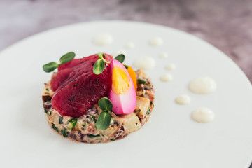 Ahi tuna sashimi and potato salad
