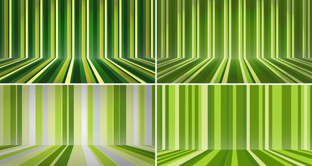 Stripe room set. Abstract green color stripe background. Room interior vintage wall and floor line design. Striped green studio backdrop with empty space for your content