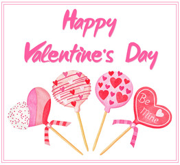 Heart shaped Lollipop Candy. Lollipops with hearts isolated. Watercolor illustration for valentine's day. Happy Valentine's day. Be my Valentine. Be mine. 14th february