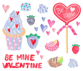Watercolor delicious Valentine's Day set. Scrapbook design elements. Typography poster, card, label, banner design set. Be mine Valentine. I love you.