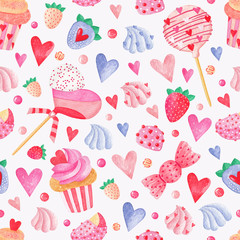 Sweet delicious watercolor pattern with candies, cupcakes, lollipops, strawberry. Valentine's Day pattern. Love day pattern. Hand-drawn background.