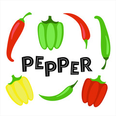 Set of vegetables in cartoon style.  Red, green and yellow pepper.