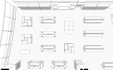 shopping mall, contour visualization, 3D illustration, sketch, outline