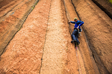 A man rock climbing at Trout Creek, Oregon.