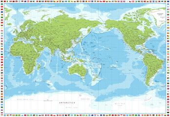 World Map and Flags Pacific View - Vector Detailed Illustration